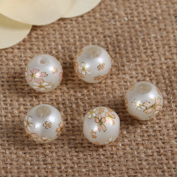 5 Perles de Verre Japonais Tensha - 12mm - Blanc avec Décoration Fleur de Cerisier