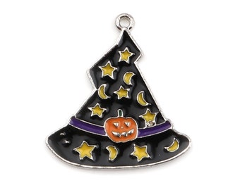 5 Breloques Chapeaux de Sorcière/Sorciers - Émail - 27mm x 25mm - Breloques Halloween - 719917