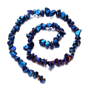 Hematite Gemstone Bead Chips - Synthetic Blue Plated Crystals - 4mm ~ 12mm - 1 Strand - Approx  69 Pcs