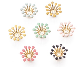 10 Flower Bead Caps - Gold Plated & Enamel - 11-12mm Dia - Mixed Colours -P00860