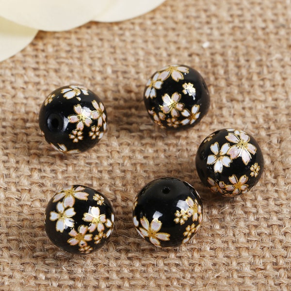 5 perles de verre Tensha japonaises - 12 mm - Noir avec décoration en fleurs de cerisier