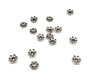 100 Flower Bead Caps - Antique Silver - 6mmx2.8mm - Fits 8-12mm Beads - J07945