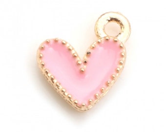 5 Light Pink Heart Charms - Enamel & Gold Plated - 9mmx8mm - Valentine - J844394