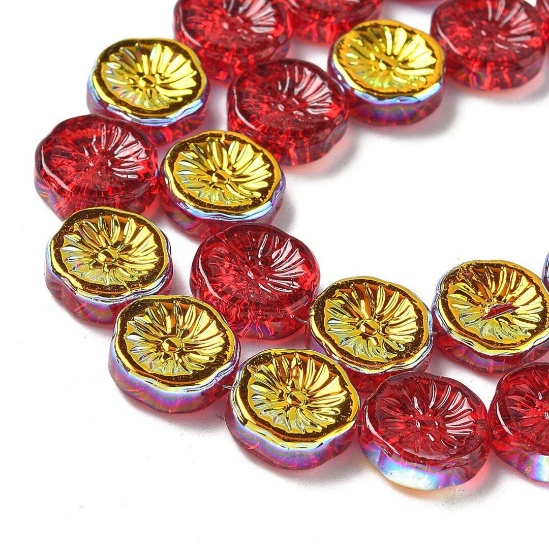 Red Gold Pressed Flower Glass Coin Beads - 12mm - 1 Strand (approx 50 ...