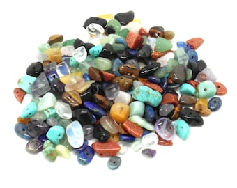 May include: A large assortment of colorful tumbled stones with holes drilled through them. The stones are a mix of natural colors, including blue, green, brown, red, and white.