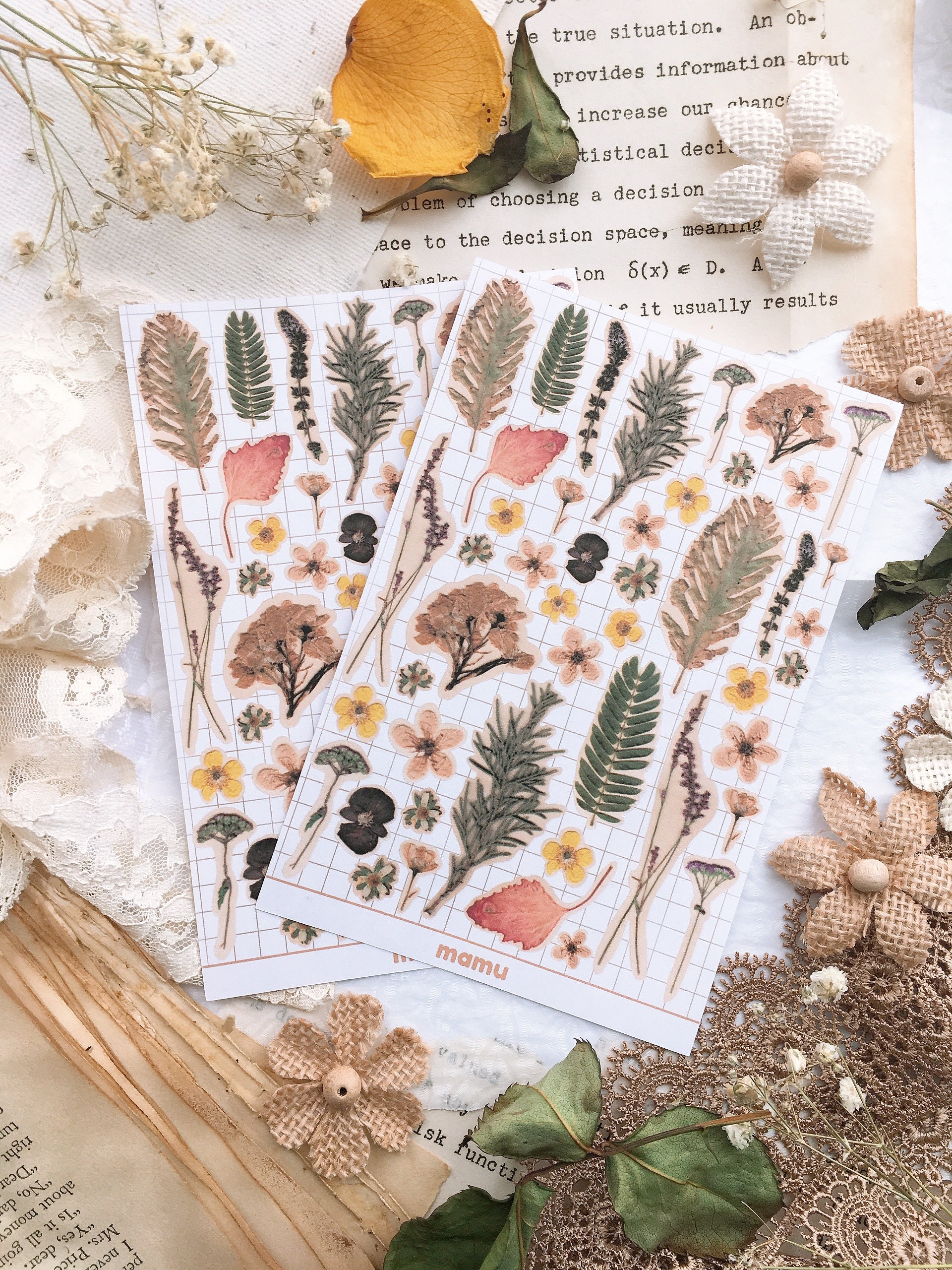 Knaid Pressed Flower Themed Stickers Set (320 Pieces) Dried Flowers Re