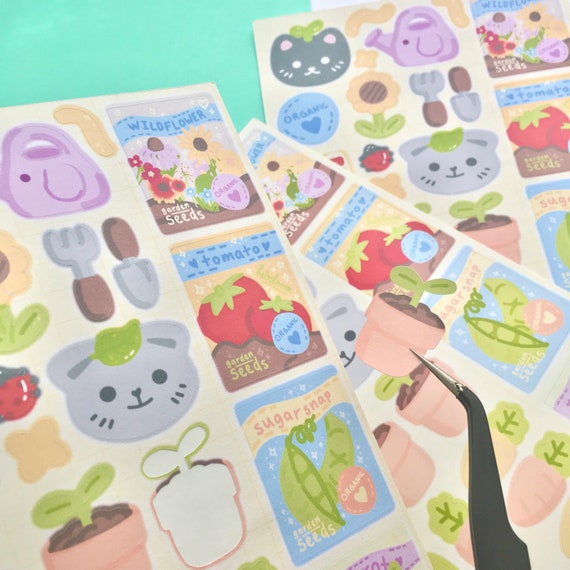 Garden Sticker Sheet Plants Sprouts Seed Summer Kawaii Deco Sticker Sheet Journaling Journal Sunflower Carrots Gardening Planner Stickers