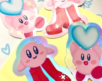 Kirby inspiriert Aufkleber wasserdicht Vinyl glänzend holographische Fan Art Herz Stiefel funkeln Wasserflasche Laptop Aufkleber