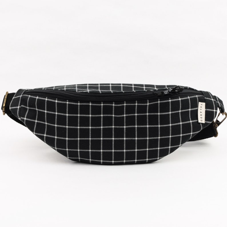 Small festival crossbody bag. Check fabric black Bum bag