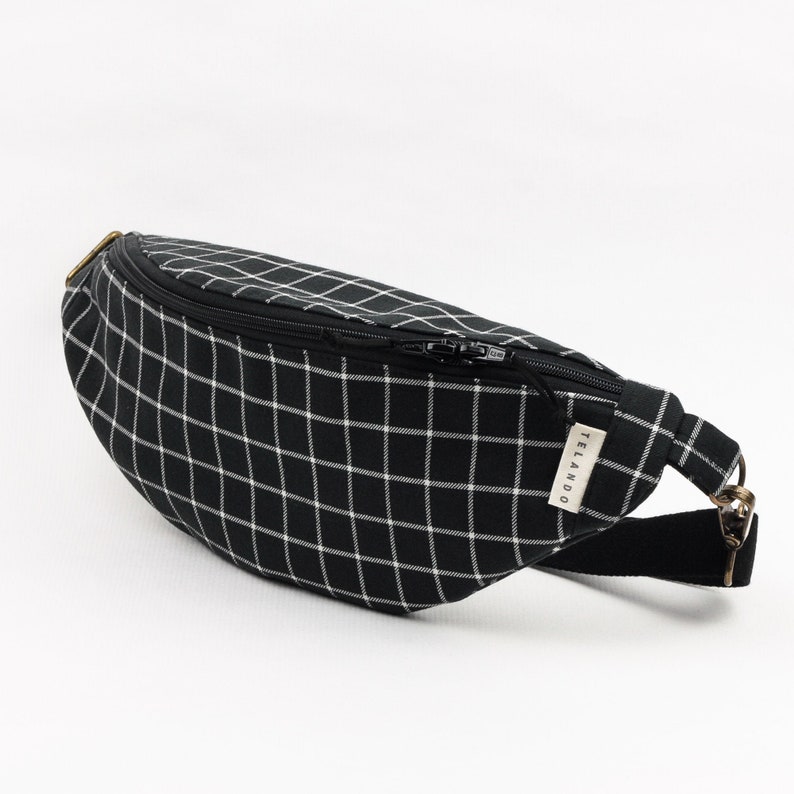 Small festival crossbody bag. Check fabric black Bum bag