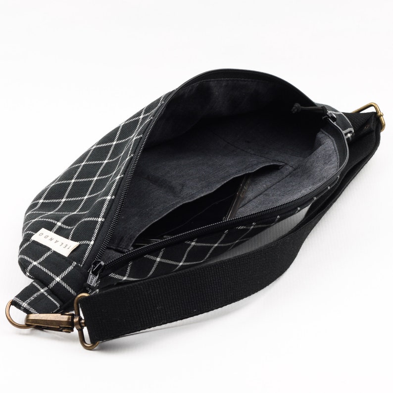 Small festival crossbody bag. Check fabric black Bum bag