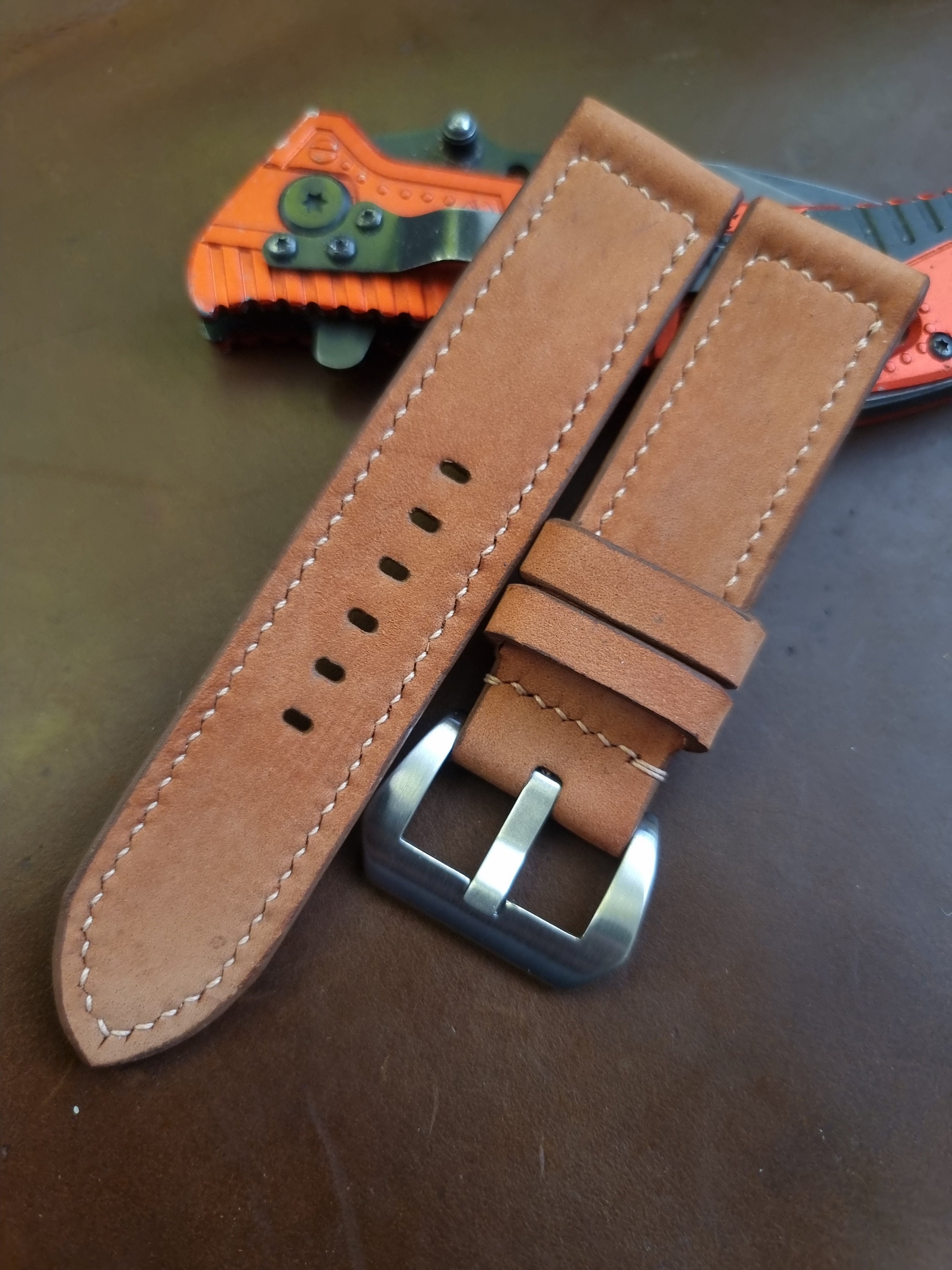 S3 Light Brown Leather White Stitch Watch Strap