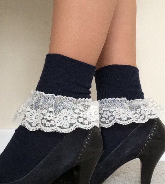 Navy blue ankle socks edged in Ivory lace Women's sexy Etsy