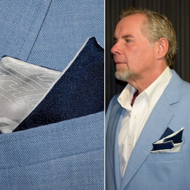 Blue and White Pocket Square Reversible Men/'s Suit Accessory Vintage Japanese Kimono Fabric
