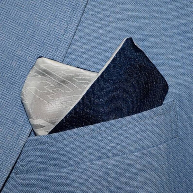 Blue and White Pocket Square Reversible Men/'s Suit Accessory Vintage Japanese Kimono Fabric