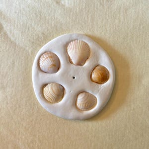 May include: A circular white clay disc featuring five embedded seashells arranged in a radial pattern. The shells exhibit shades of cream, tan, and light orange. A small, centred circular hole is visible in the middle of the white clay surface.