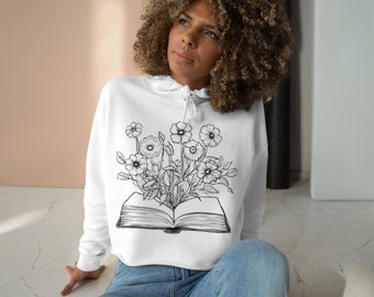 Book and flowers hoodie, gift for book lovers, Crop Hoodie