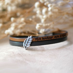 Bracelet double cuir décoré d'un poussoir argenté épis de blé anniversaire de mariage 3 ans noces de blé, cadeau personnalisé homme ou femme image 2