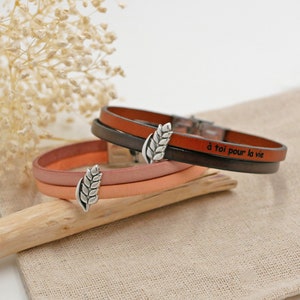 Personalized double leather bracelet with ears of wheat,  custom engraved  jewelry gift for men, dad, best friend