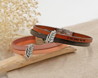 Personalized double leather bracelet with ears of wheat,  custom engraved  jewelry gift for men, dad, best friend