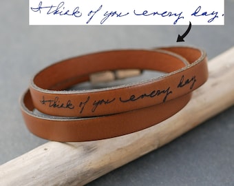 Bracelet gravé d'écriture manuscrite, l'écriture réelle d'enfant ou être cher, simple ou multi tour, cadeau unique personnalisé St Valentin