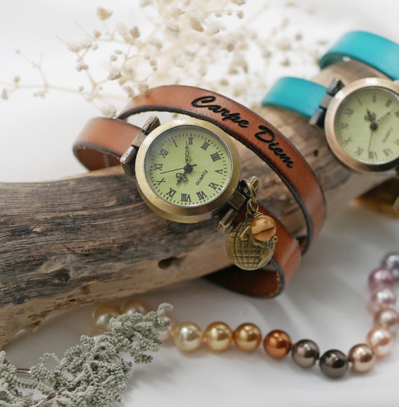 Montre vintage avec bracelet en cuir couleur au choix pour femmes