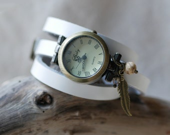 Leather watch personalized : leather bracelet and watch face, woman custom gift, handmade womens watches with stone charms