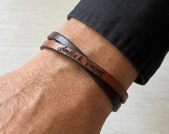 Personalised twist duo leather bracelet gift engraved with name, quote or love words, women men couple custom jewelry