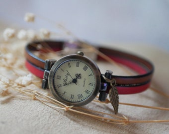 Montre femme vintage bracelet aux 2 cuirs  personnalisable par gravure au cadran bronze, 28 couleurs de cuir, cadeau pour elle personnalisé