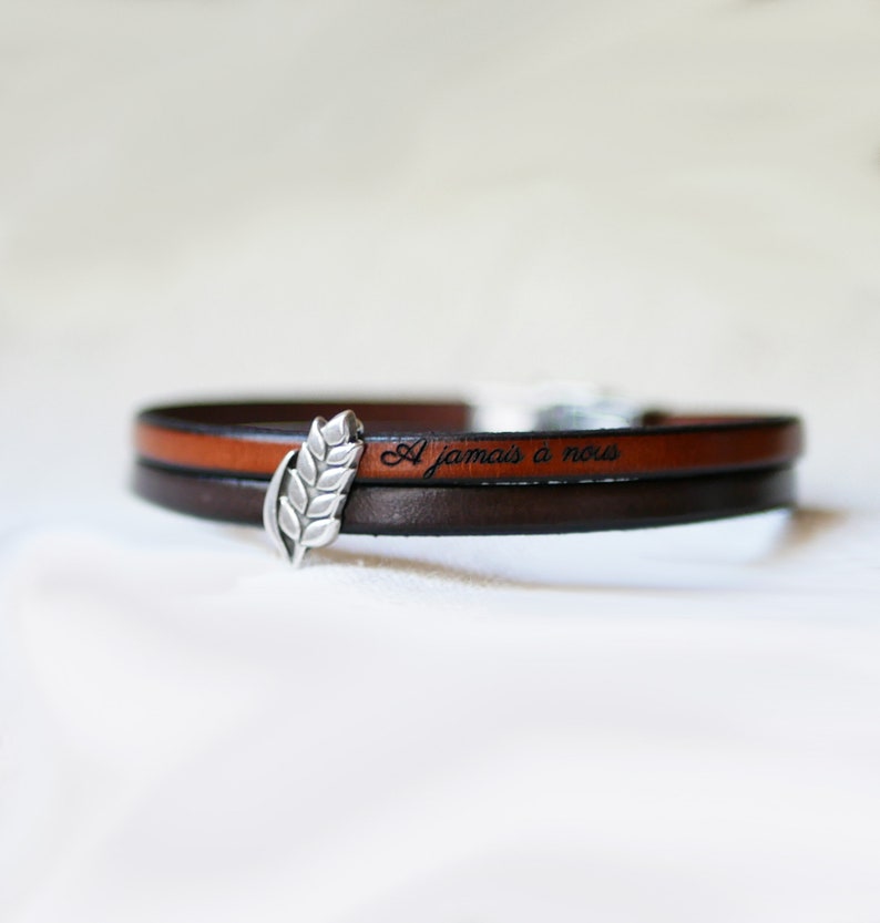 Bracelet double cuir décoré d'un poussoir argenté épis de blé anniversaire de mariage 3 ans noces de blé, cadeau personnalisé homme ou femme image 8