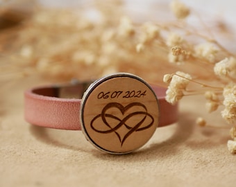 Personalized engraved wood cabochon on leather bracelet magnetic clasp, custom with name, quote or love words, mothers day gift