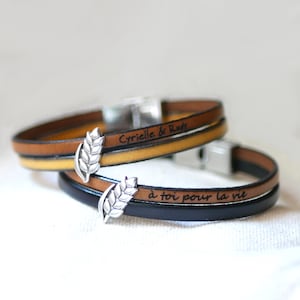 Dubbele leren armband versierd met een zilveren tarwe-oorbel, 3-jarig huwelijksjubileum tarwehuwelijk, gepersonaliseerd cadeau voor mannen of vrouwen