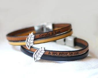 Bracelet double cuir décoré d'un poussoir argenté épis de blé anniversaire de mariage 3 ans noces de blé, cadeau personnalisé homme ou femme