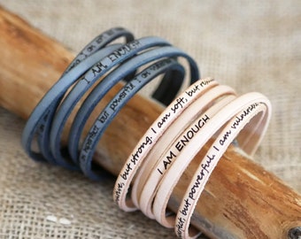 Bracelet cuir multi tours Gravé de citation, proverbe biblique ou noms à personnaliser, bijou cadeau homme femme couple personnalisable