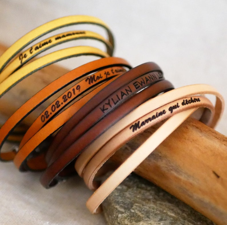 Personalized engraved leather bracelet customized with name quote or proverb, boho gift wrap women men bracelet inspirational quote image 3