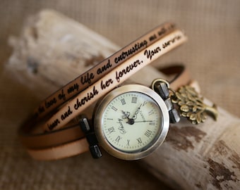 Montre personnalisée style vintage bracelet cuir double tour double couleur, cadeau bijou femme marraine à graver au bracelet ajustable