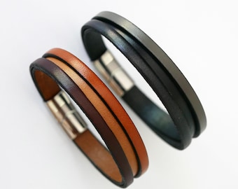 Bracelet manchette homme aux 3 cuirs avec fermoir avec extension, personnalisable par gravure