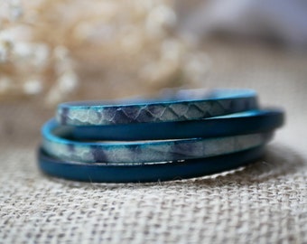 Double wrist bracelet blue snakeskin and leather color of your choice, customizable jewelry gift for daughter mom Mother's Day