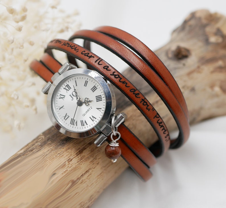 Custom multi wrap leather watch, choose engraving text, leather colour, watch face for an unique boho woman gift image 2