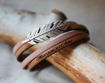 Boho feather personalized double leather wrap bracelet with 2 colours customized with name, quote or love words