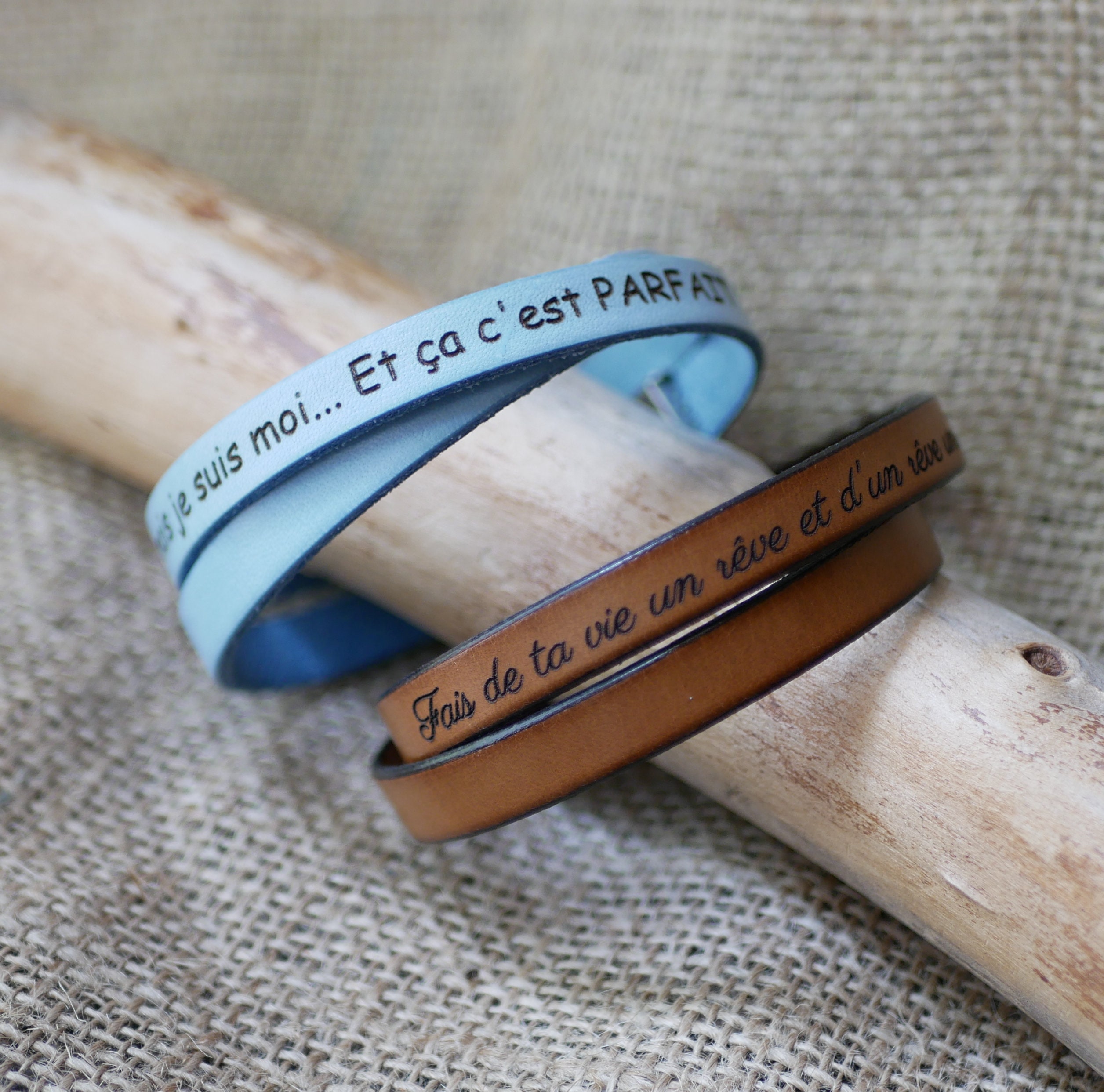 Personalized Leather Bracelet Man or Woman Double Wrap 