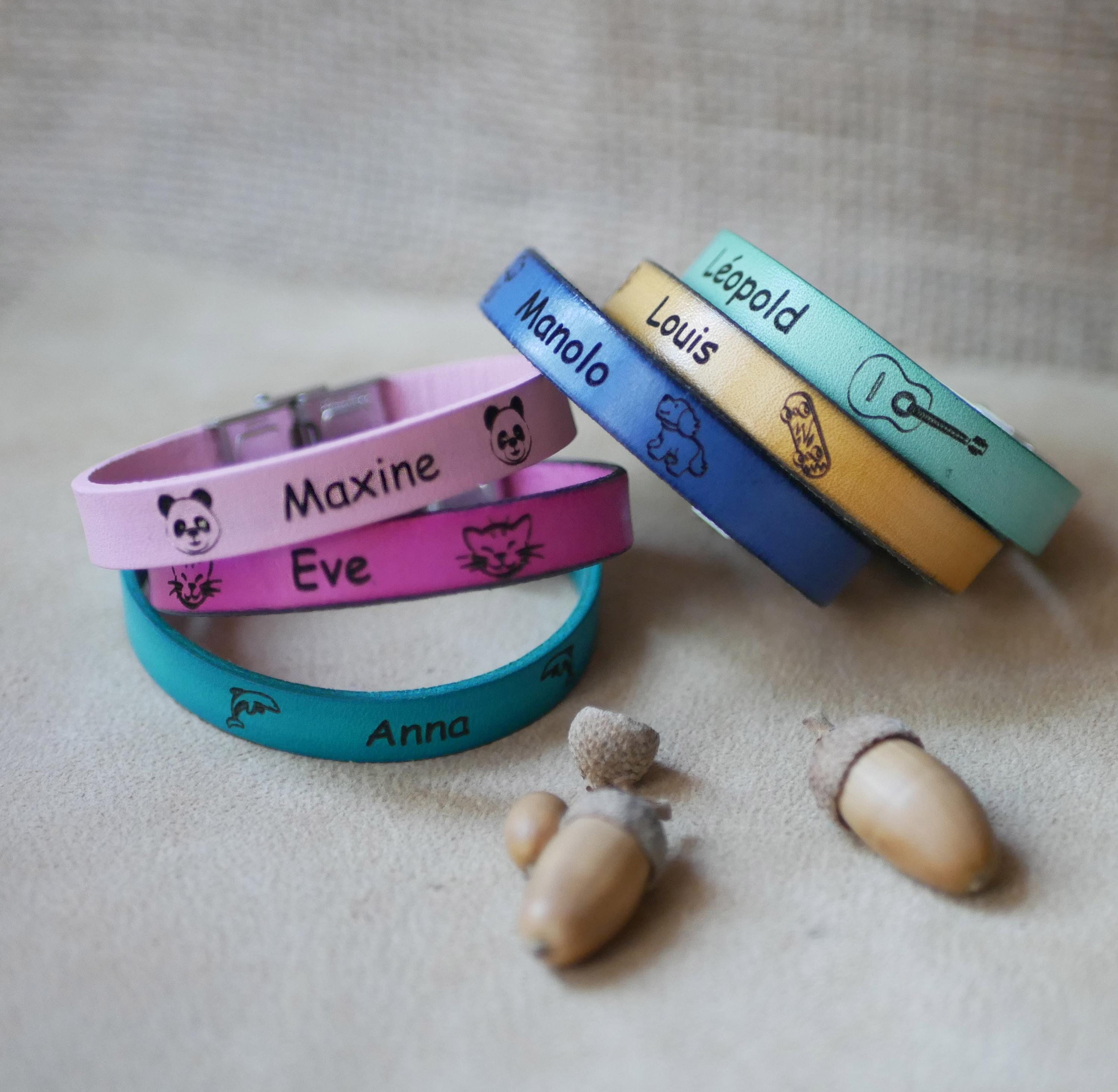 Kids personalized leather bracelet gift, custom with name and drawing engraved, name jewelry for boy and girl
