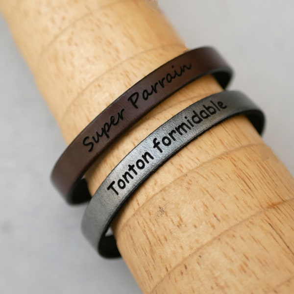 Cadeau Parrain Témoin bracelet cuir personnalisable par gravure et ajustable ou magnétique, cadeau demande homme à personnaliser