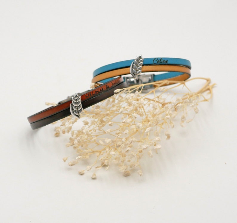 Bracelet double cuir décoré d'un poussoir argenté épis de blé anniversaire de mariage 3 ans noces de blé, cadeau personnalisé homme ou femme image 10