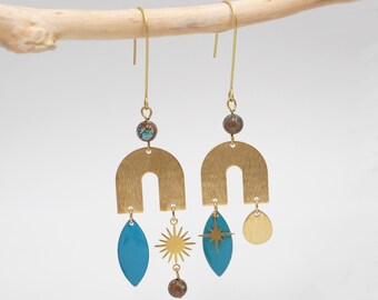 Bridge pendant brass earrings with sun, star and turquoise blue sequins, elegant boho bohemian earrings, feminine jewelry gift