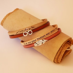Personalised duo leather bracelet gift with a slider to choose, can be personalizaed with name, quote or love words, woman or man bracelet