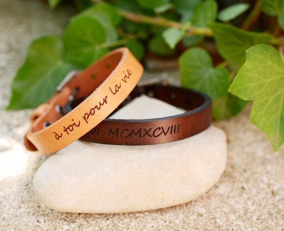 Real Leather Bracelet Engraved Womens Custom Leather Bracelet w Post Closure Personalized Couples Bracelets with any Text of your Choice