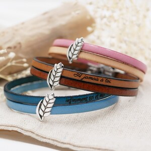 Personalized Double Leather Bracelet With Ears of Wheat Custom Engraved Jewelry Anniversary Wedding Gift for Men Women Couple Etsy