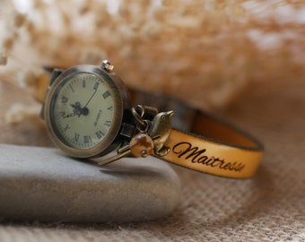 Woman personalized leather bracelet watch, custom by name or love words, mother gift