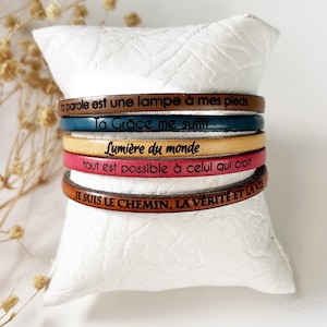 Bracelet personnalisable chrétien cuir gravé de verset biblique, paroles de psaume ou de prière, cadeau enfant - femme - homme